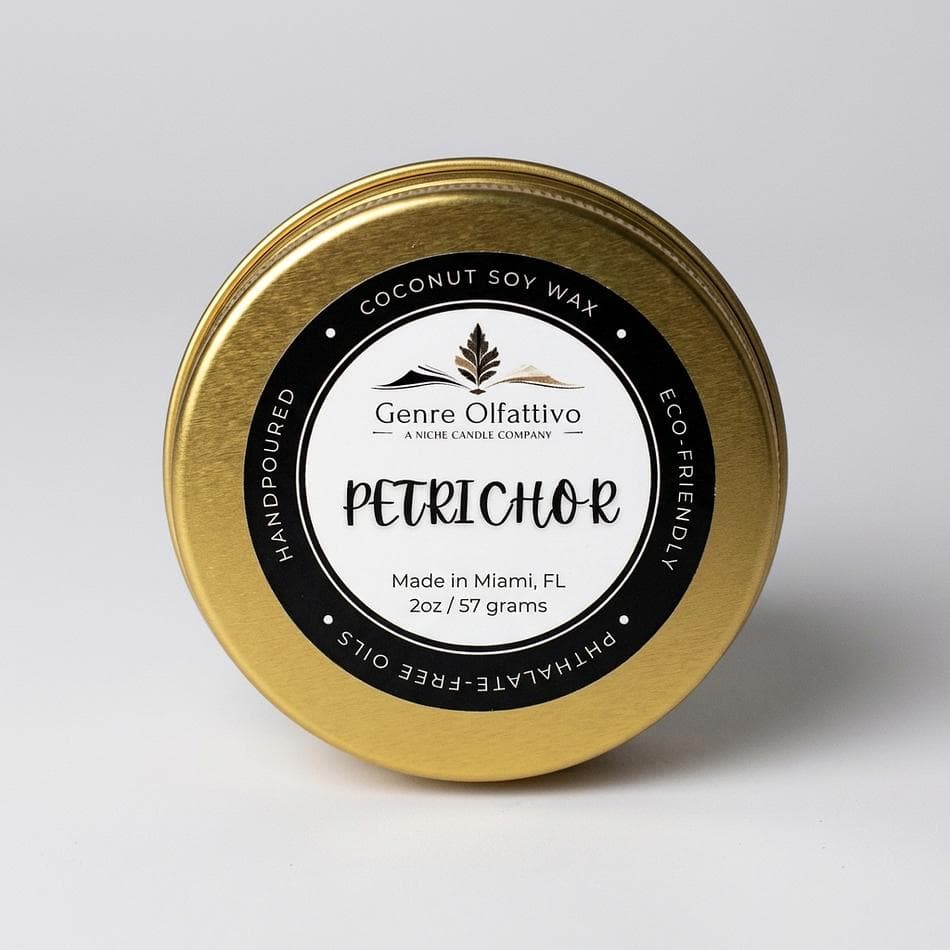 Petrichor Scented Candle, Coconut Soy Wax, Rainy Earth Aroma, Gold 2 oz Tin, Single Wick Sample Candle