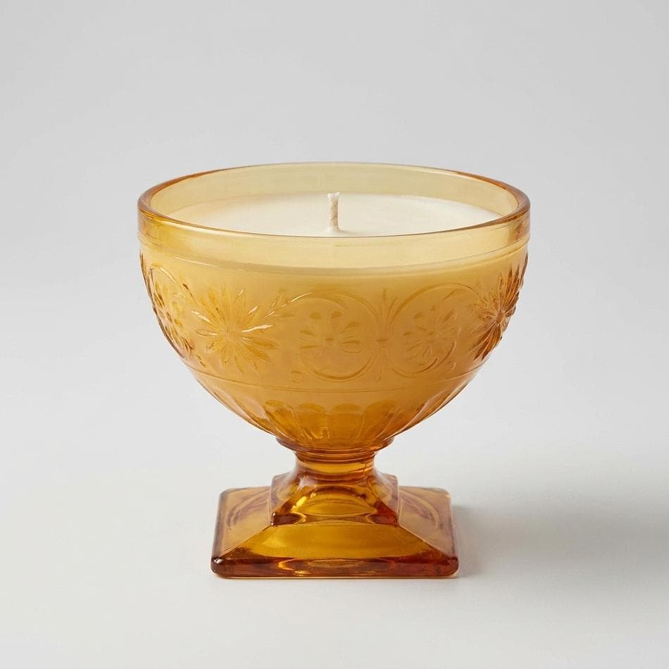 Vintage Indiana Glass Amber Daisy Sherbet Soy Candle, Orange & Bergamot, Warm Citrus Glow, 4.3 oz