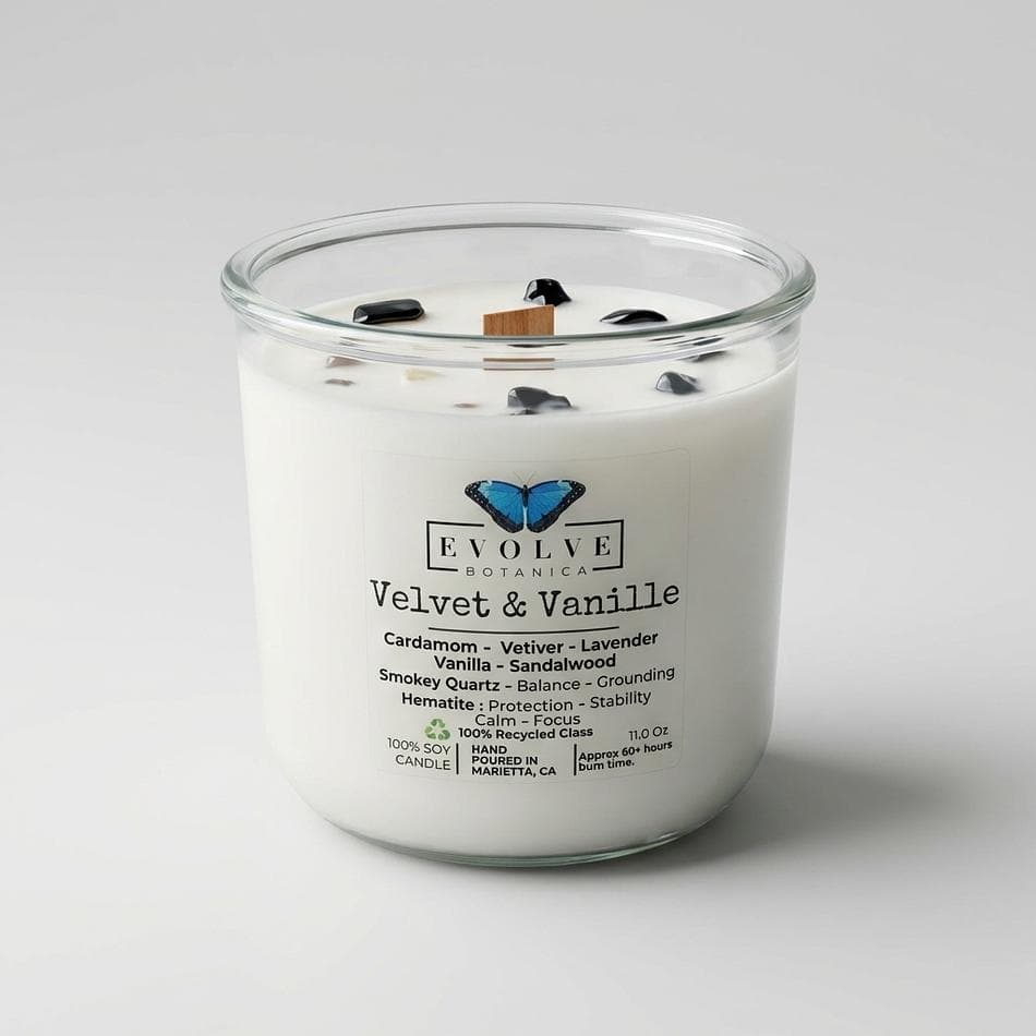 Soy Candle, Cardamom Vetiver Lavender & Vanilla, Grounding Calm Scent, Wood Wick, Recycled Glass Rocks Tumbler, 11 oz