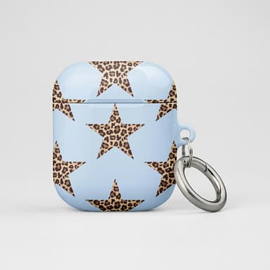 Protective AirPods Case, Polycarbonate, Sky Blue Leopard Star Print, Shockproof w/ Carabiner, for AirPods 1/2/3 & Pro 1/2