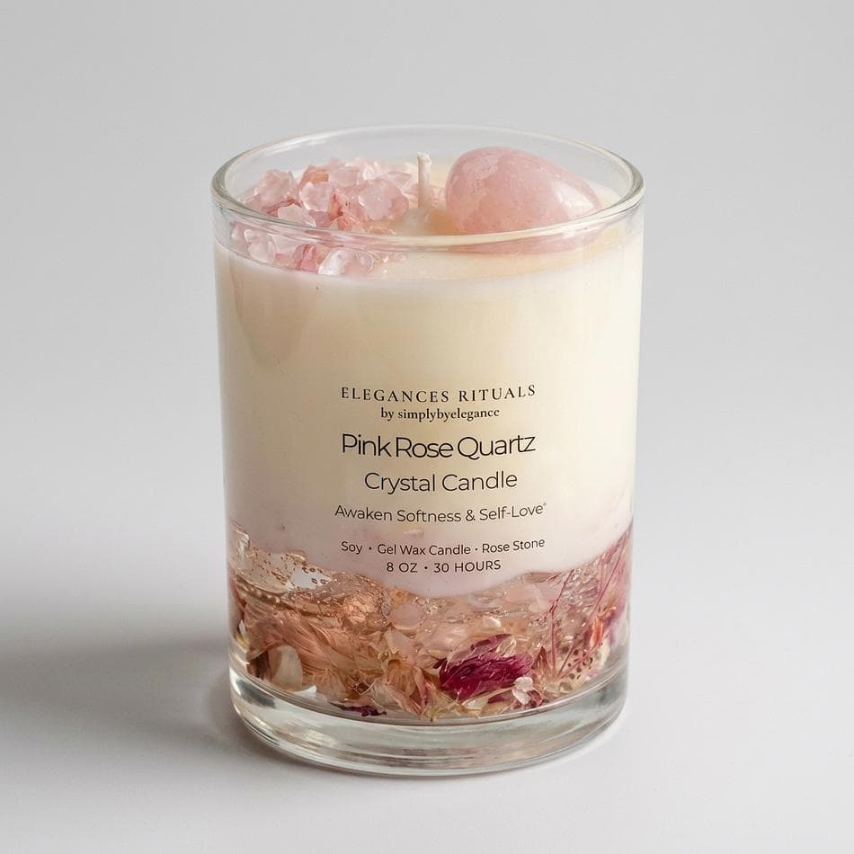 Crystal-Infused Soy Candle, Rose Quartz & Dried Botanicals, Self-Love Ritual Gift, Rose Scent, 8 oz (30 Hr Burn)