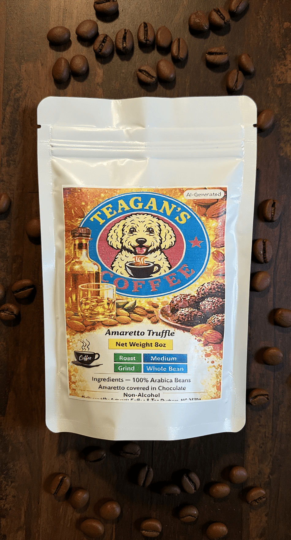 Teagan's Amaretto Truffle Flavored Coffee , 8oz Bag, ***PLEASE SPECIFY IF YOU WANT WHOLE BEAN OR GROUND**
