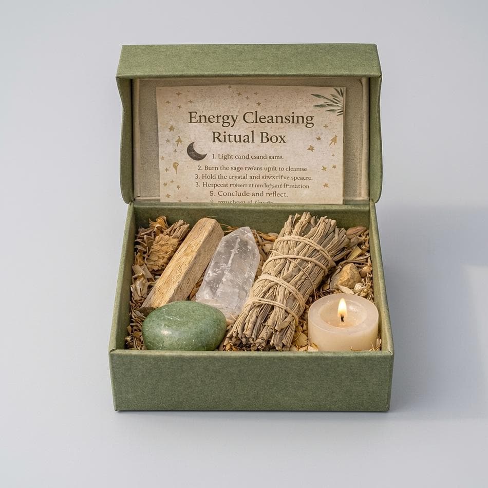 Energy Cleansing Ritual Kit, Sage Smudge & Palo Santo, Clear Quartz Crystal + Candle, Gift Box Set (6-Piece)