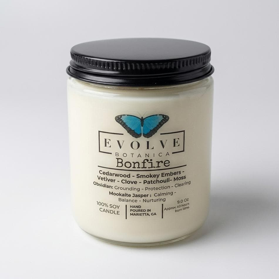 Crystal Soy Candle, Cedarwood & Smoky Embers, Bonfire Scent, Obsidian + Mookaite, 9oz Jar, 40 Hr Burn, Wood Wick Option