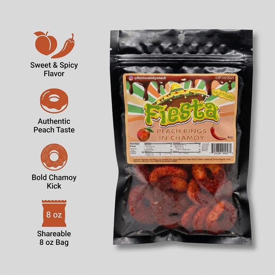 Chamoy Peach Gummy Rings, Peach Flavor, Sweet & Spicy Snack, Enchilados Style, 8 oz (Half Pound) Bag