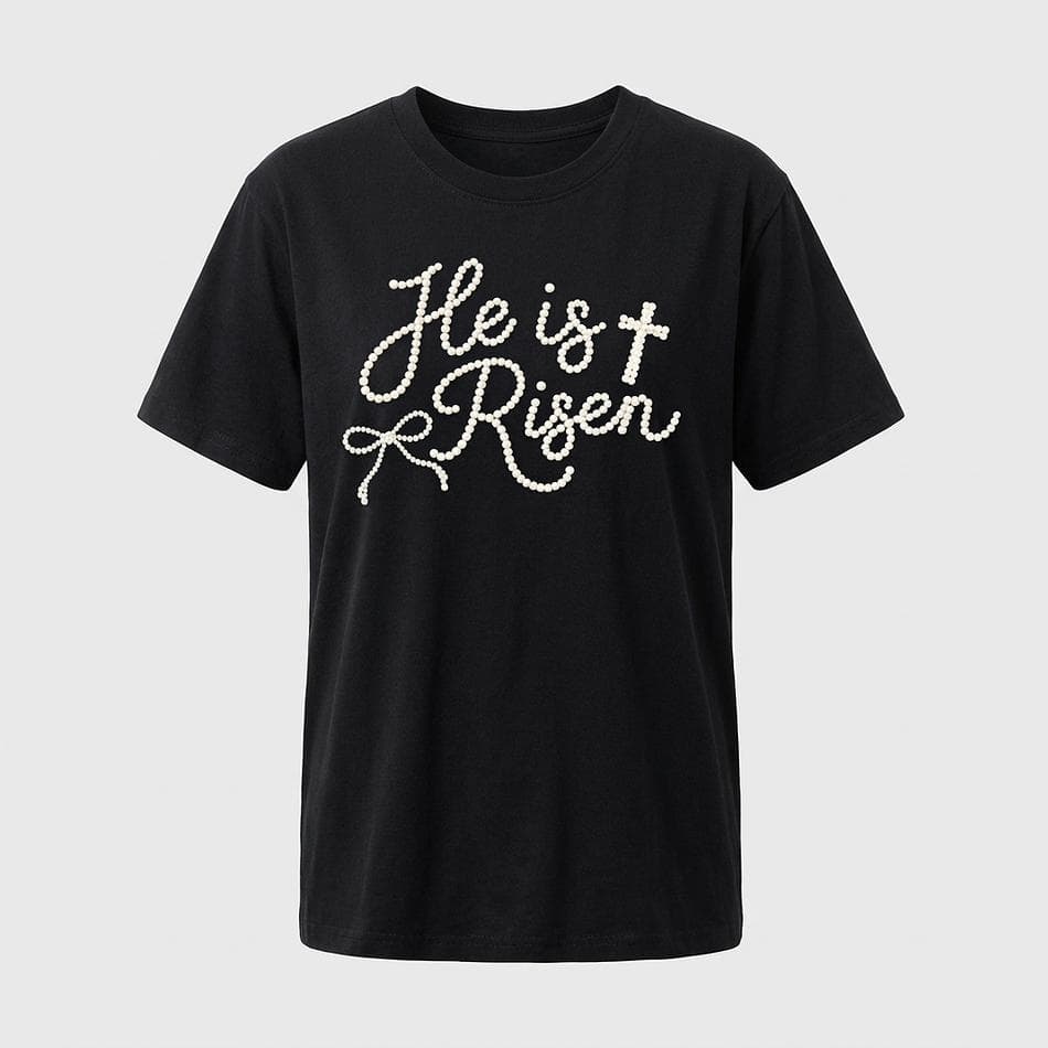 Christian Easter Graphic Tee, Comfort Colors 100% Cotton, Faux Pearl Look Print, "He Is Risen" Faith Shirt, Unisex Black