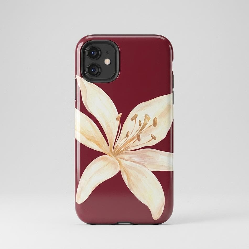 Dual-Layer iPhone Case, TPU + Polycarbonate, Burgundy & White Tiger Lily Floral, Drop Protection, Matte/Glossy, Choose Model