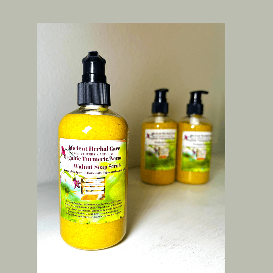 Turmeric Walnut Exfoliating Soap Scrub, Organic Turmeric & Walnut Shell, Brightening Body Polish, 8 oz + Exfoliating Bag