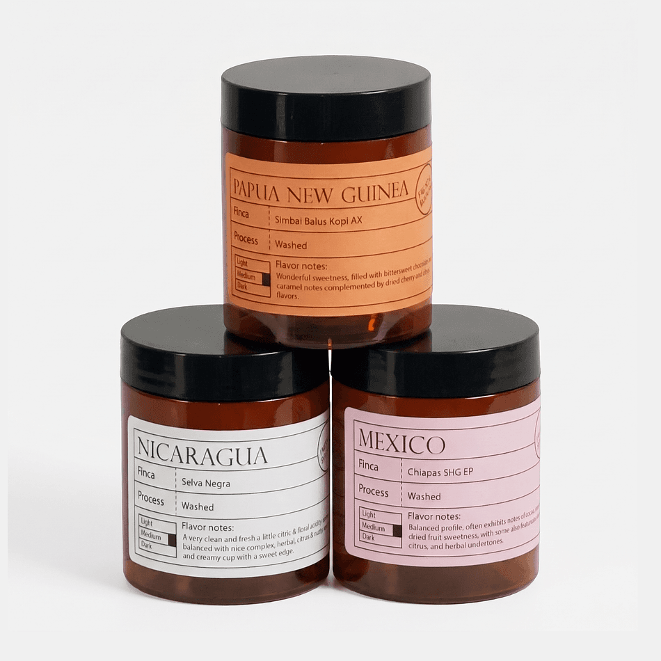 Single Origin Coffee Sampler Box, 3 Origins, Roast-to-Order, 3 x 3.5 oz (100g) Jars, Whole Bean or Ground