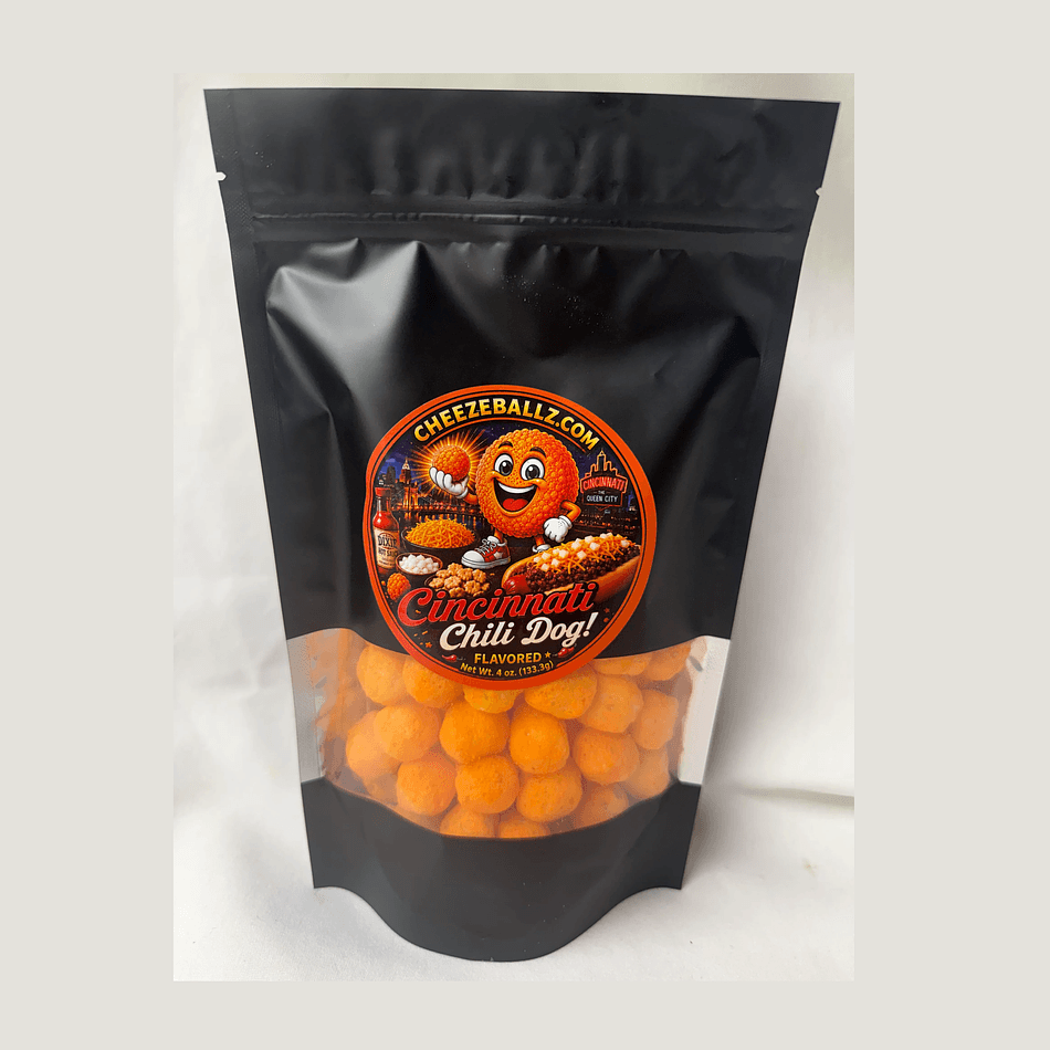 Cheese Balls Snack, Cincinnati Chili & Cheese Seasoning, Bold Savory Crunch, Gluten-Free, Resealable 4 oz Pouch