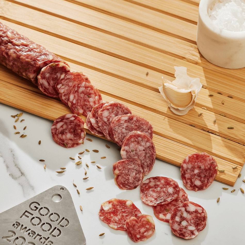 Finocchiona-Style Salami, Pork & Fennel Seed with Garlic, Light Summer Flavor.