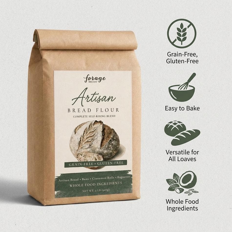 Grain-Free Artisan Bread Flour | Made with Organic Blanched Almond Flour | ✓ Gluten-Free,  Self-Rising | ✓ Organic Ingredients | ✓ Perfect for Sandwich Breads, Artisan Loaves, Cinnamon Rolls, Baguettes, Burger Buns and Rolls | 2 lb. Bag