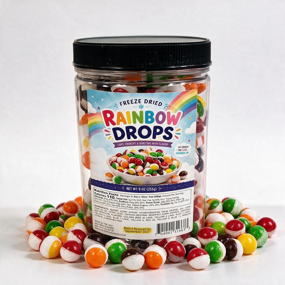 Rainbow Drops - Original Rainbow Freeze-Dried Candy, 9 oz, Assorted Fruit Flavors, Large Jar