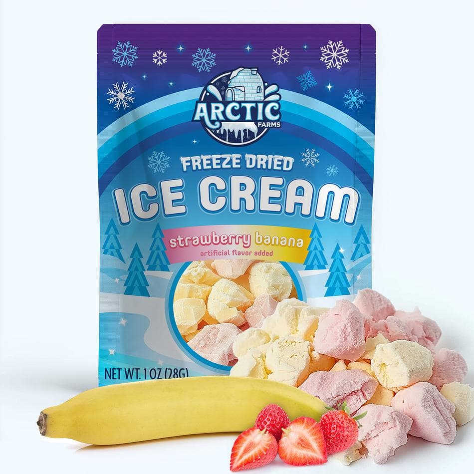 Freeze-Dried Ice Cream Bits, Strawberry Banana Mix, No-Melt Crunchy Snack, Shelf-Stable, Pack of 3 Resealable Bags (1 oz each)