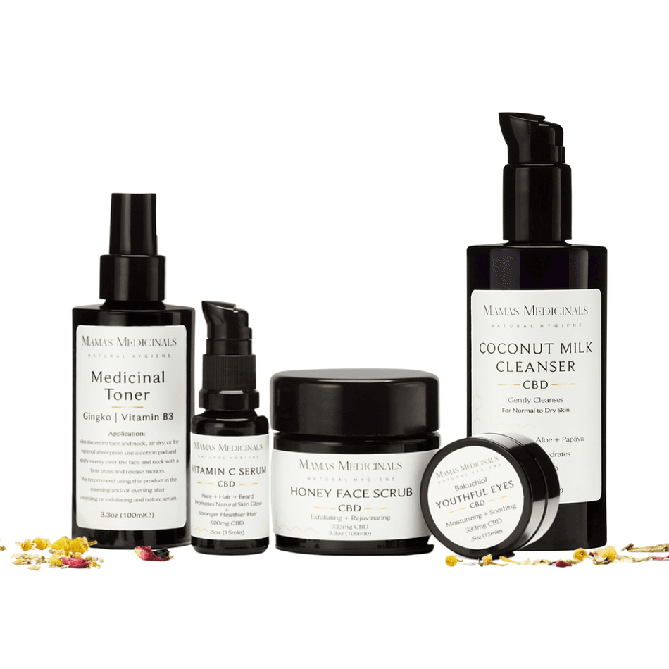 CBD Botanical Skincare Bundle, Sea Buckthorn & Honey, Calms Redness, 5-Step Routine Set (Cleanser, Scrub, Toner, Eye, Serum)