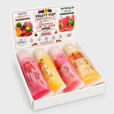 Shimmer Lip Gloss Set, Castor & Jojoba Oils, Petroleum-Free Fruity Shine, 8-Piece with Display Box