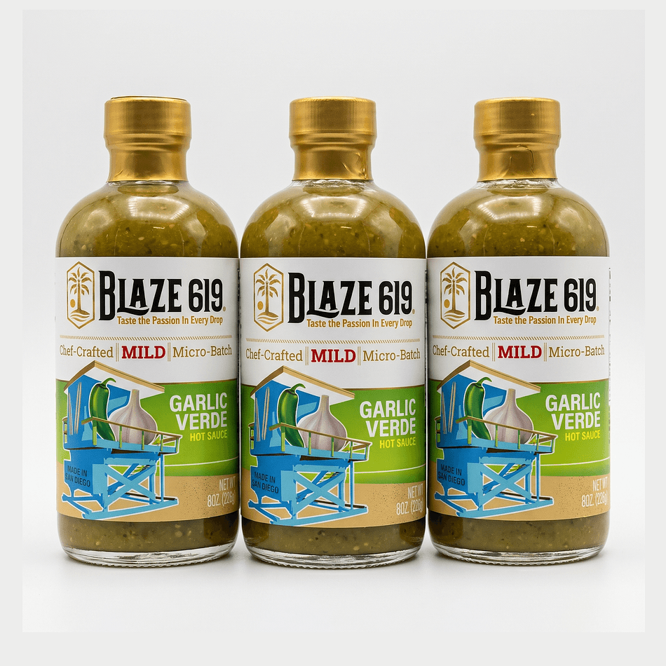 Garlic Verde Hot Sauce, Tomatillo & Fire-Roasted Chiles, Mild Heat Everyday Sauce, Gluten Free, 3-Pack 8oz Bottles