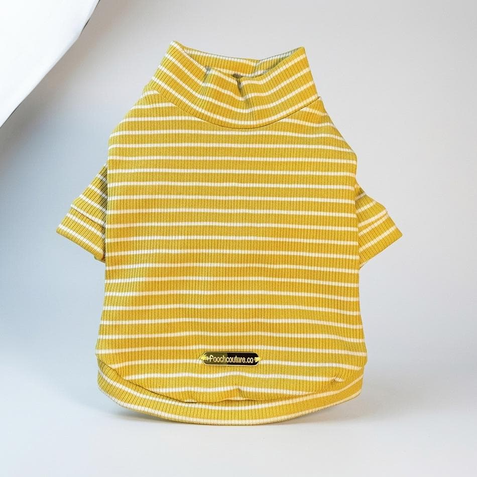 Dog Turtleneck Shirt, Cotton & Spandex Rib Knit, Soft Stretch Warm Layer, Mustard Stripe, Sizes XXS–XXL