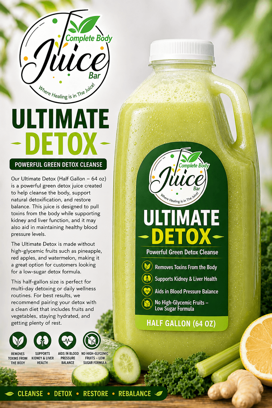 Ultimate Detox Green Juice (Half Gallon, 64 oz) – 5-Day Low-Sugar Greens Cleanse (12 oz/day)
