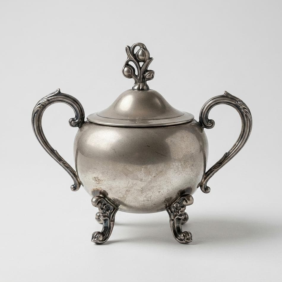 Vintage Silver-Plated Sugar Bowl Candle, Oakmoss & Amber, Natural Soy Wax, Double Wick, 9.1 oz, Lidded Keepsake Vessel