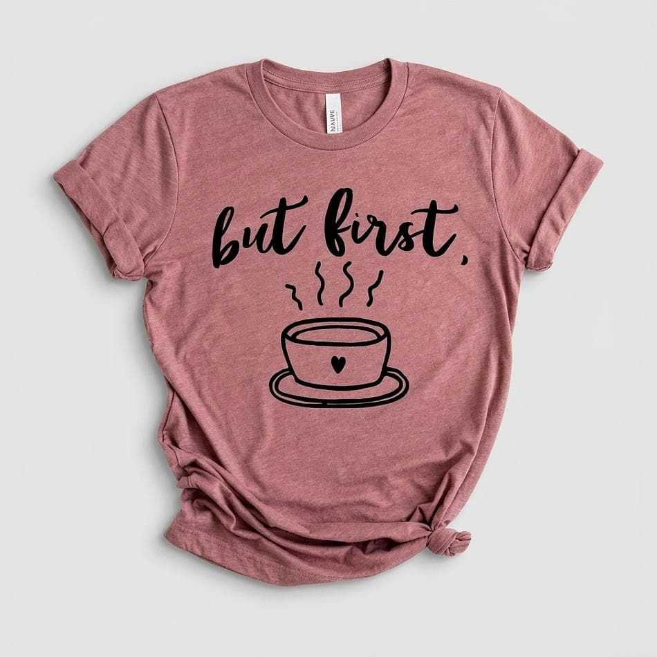 Coffee Graphic T-Shirt, "But First Coffee" Slogan, Casual Unisex Tee, Soft Feel, Sizes S–3XL