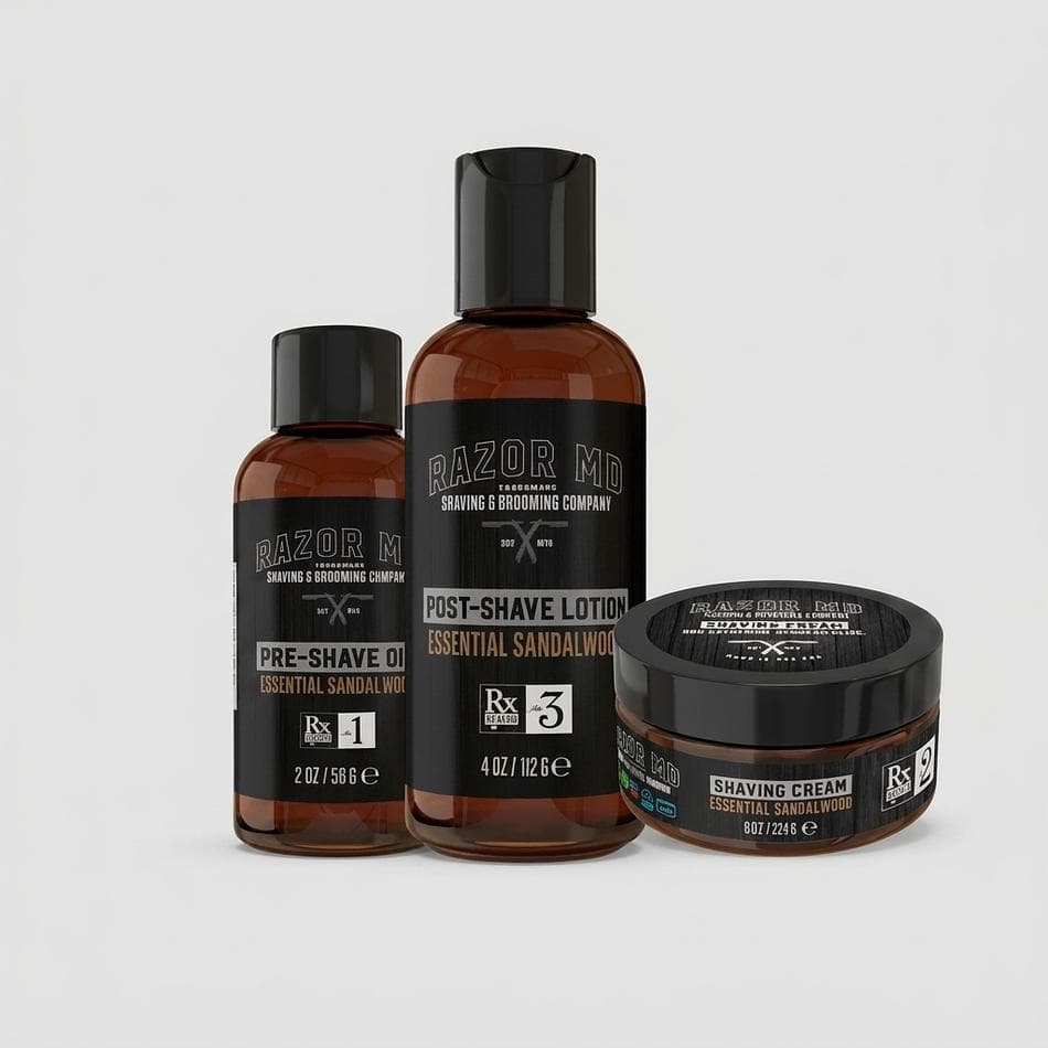 Sandalwood Shaving Kit, Pre-Shave Oil + Shave Cream + Post-Shave Lotion, Razor Burn & Ingrown Relief, 3-Piece Set