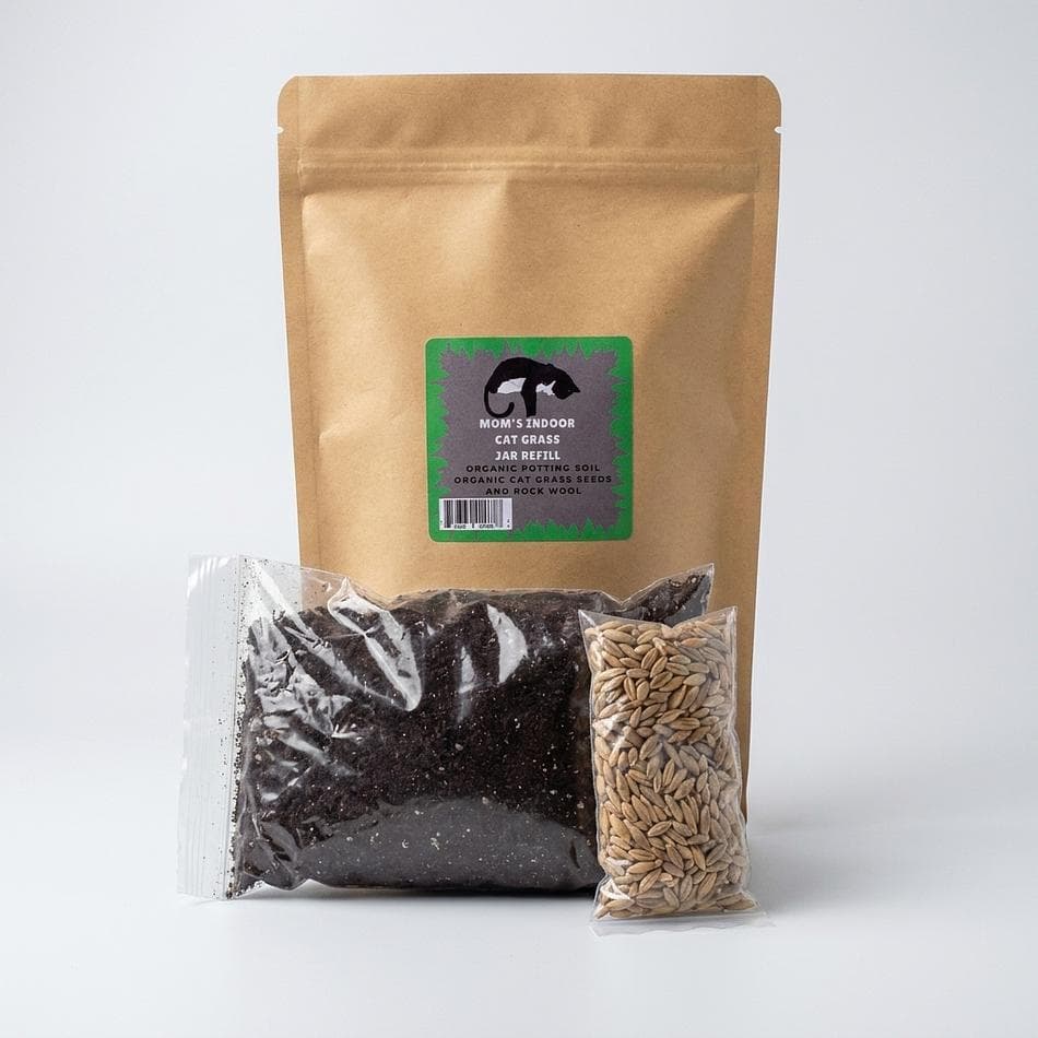 Cat Grass Jar Refill Kit, Organic Rye Barley Oat Seeds & Soil, Digestive Support & Hairball Help, Refill for Cat Grass Jars