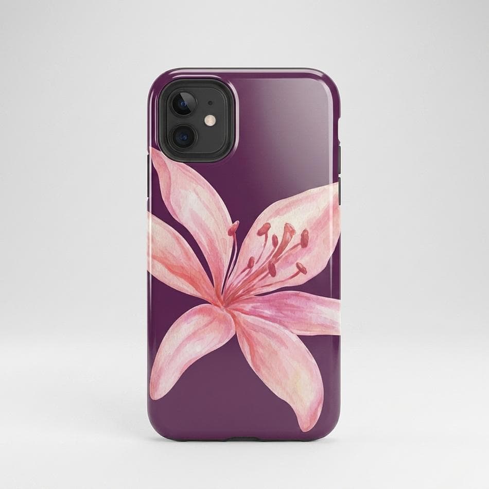Dual-Layer iPhone Case, Tiger Lily Floral Print, Purple & Pink, Shock-Absorbing TPU + Hard Shell, Glossy/Matte