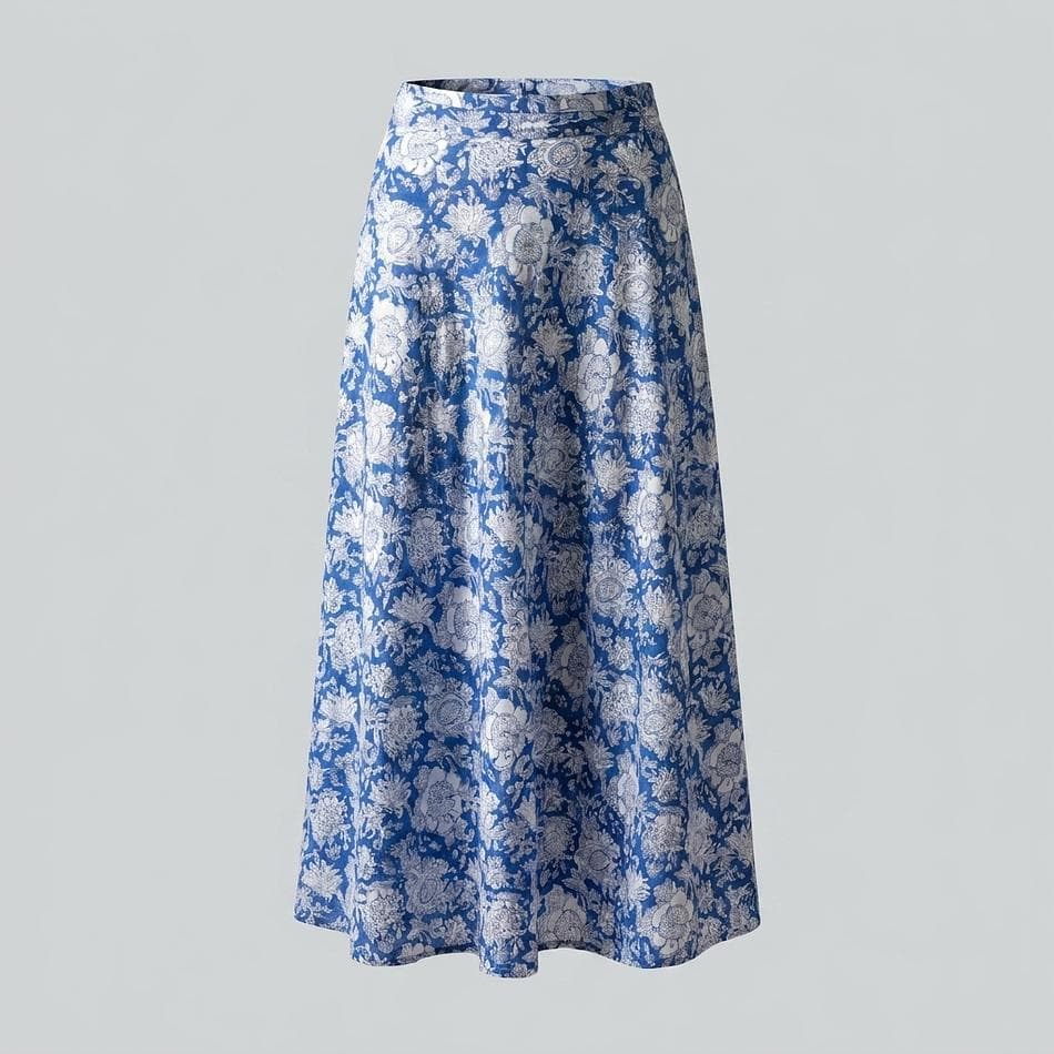 Cotton Maxi Wrap Skirt, Blue & White Floral Block Print, Adjustable Tie Waist, One Size