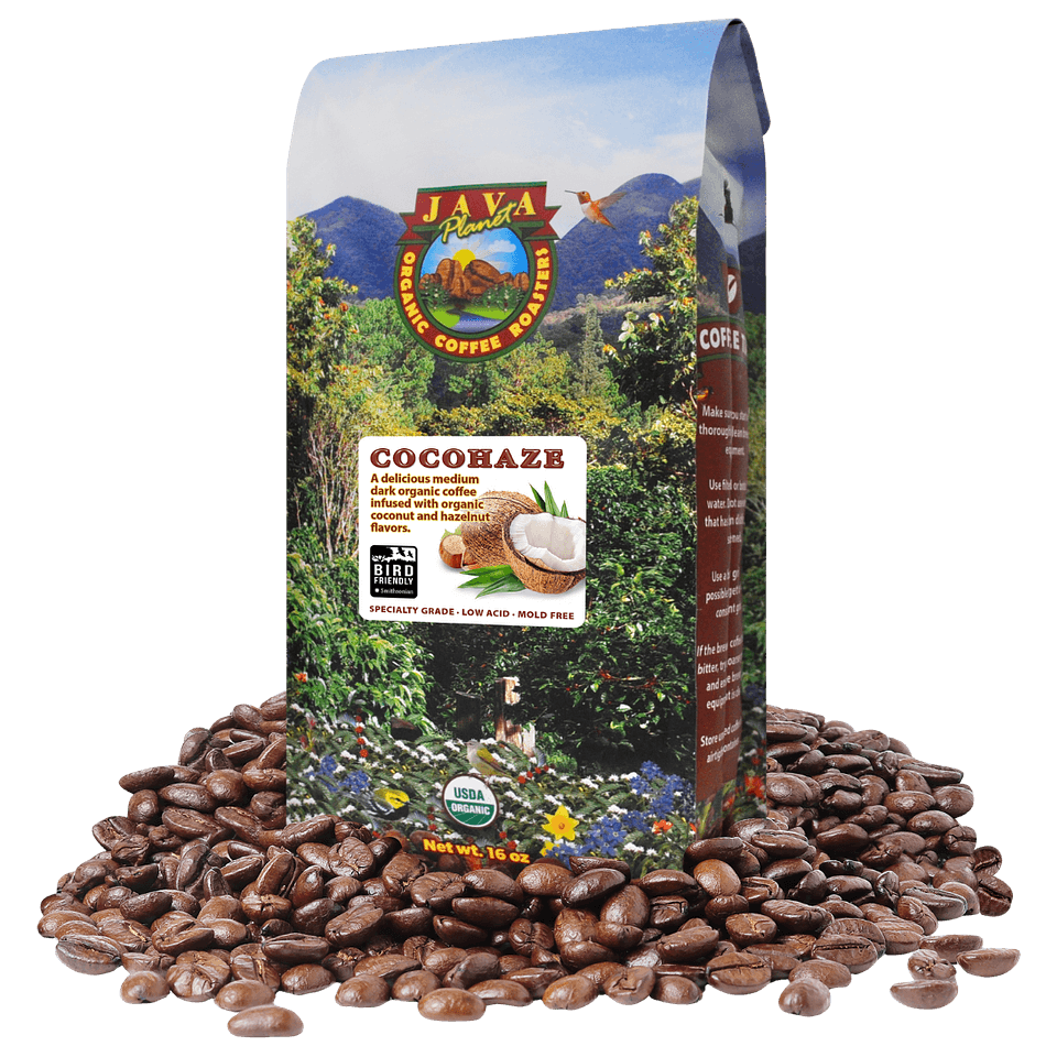 Java Planet CocoHaze Organic Flavored Coffee – Coconut Hazelnut, Medium-Dark Roast, Low Acid, Bird Friendly®, Whole Bean, 1 lb