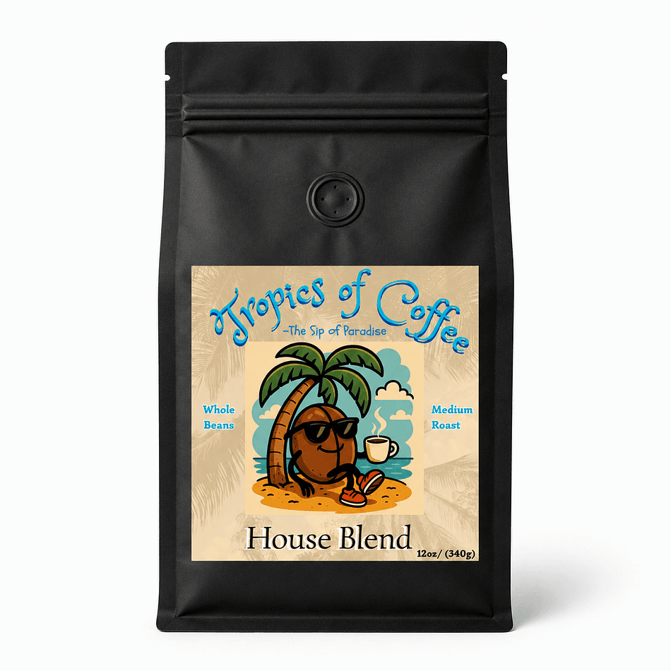Premium House Blend Ground Coffee, 100% Arabica, Smooth Balanced Flavor, Medium Roast, 12 oz bag with resealable pouch and degasser valve