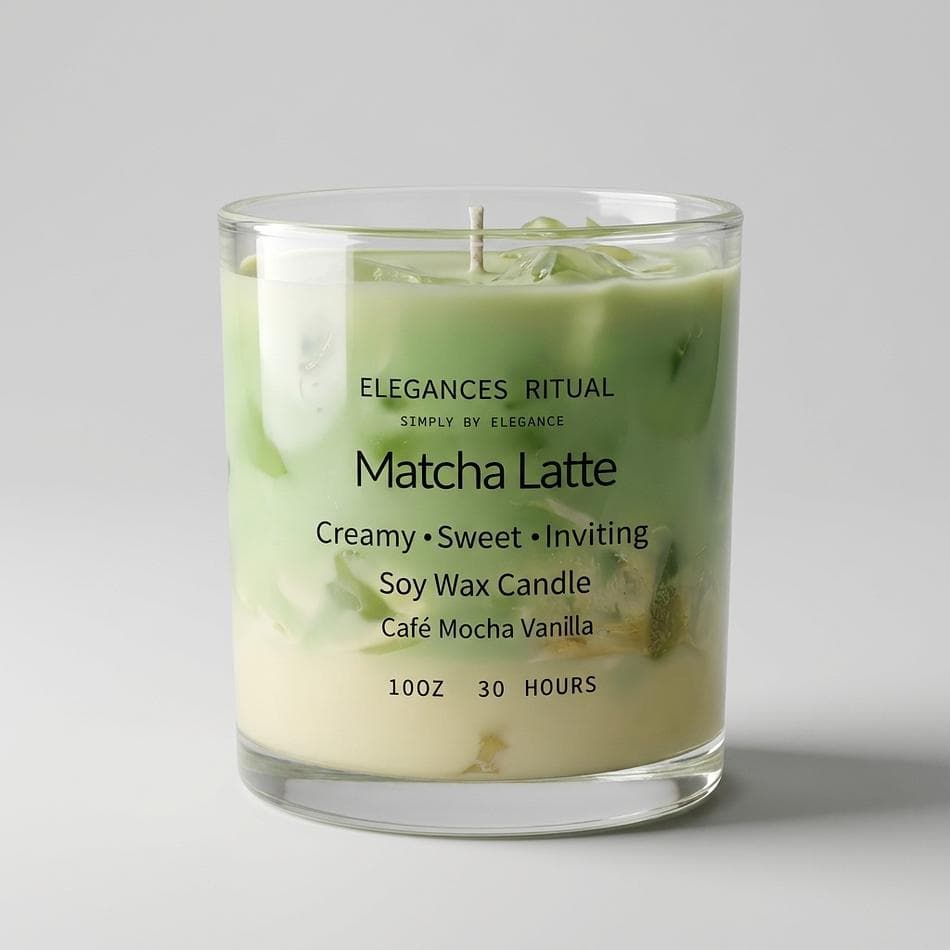 Iced Matcha Latte Soy Candle, Gel Ice Cubes, Vanilla Coffee Latte Scent, 10 oz Glass Jar, Aesthetic Café Decor