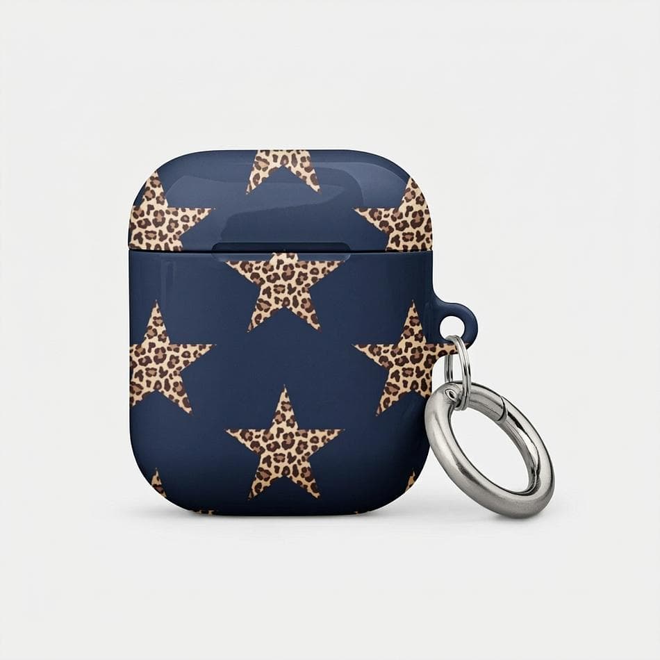 AirPods Case, Polycarbonate Hard Shell, Navy Cheetah & Stars Print, Impact Protection, Wireless Charging, Carabiner