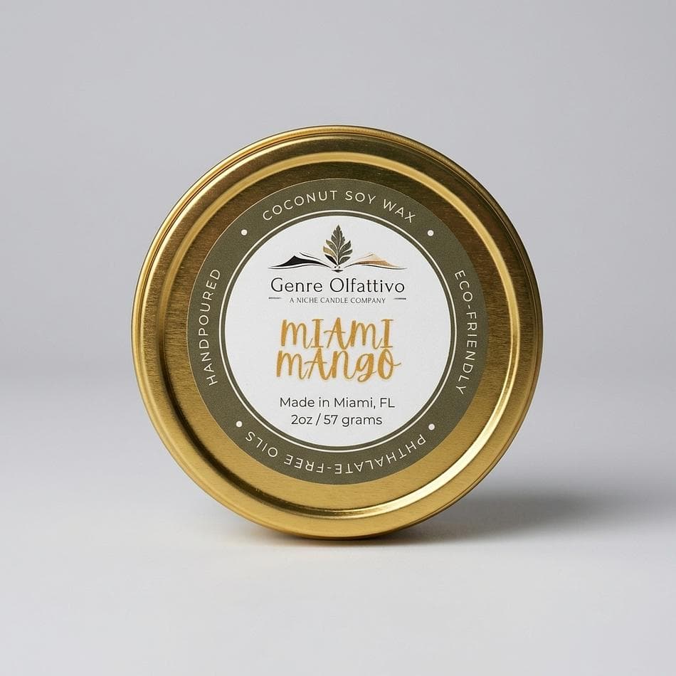 Mango Scented Candle, Coconut Soy Wax, Tropical Fruit Aroma, Gold Travel Tin, 2 oz Sample, Single Wick