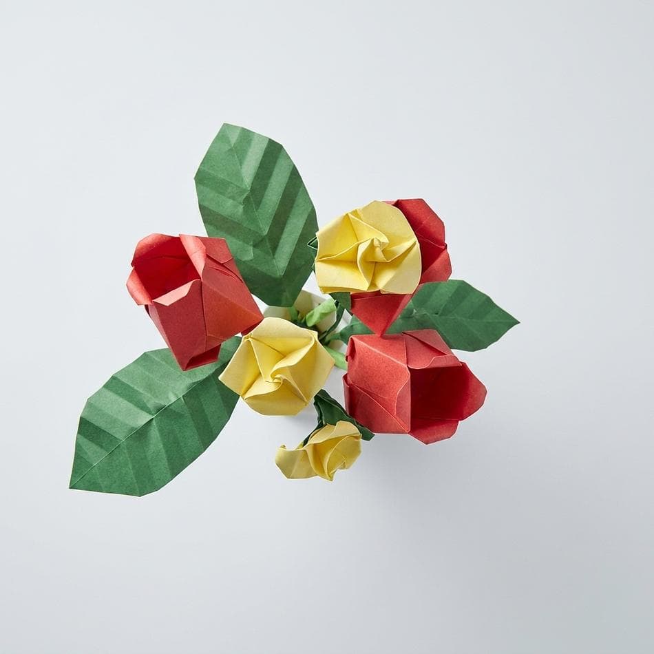 Origami Flower Bouquet in Vase, Tulips & Roses, Handmade Paper Flowers, Everlasting Gift Decor, 5" Vase, 1 Arrangement
