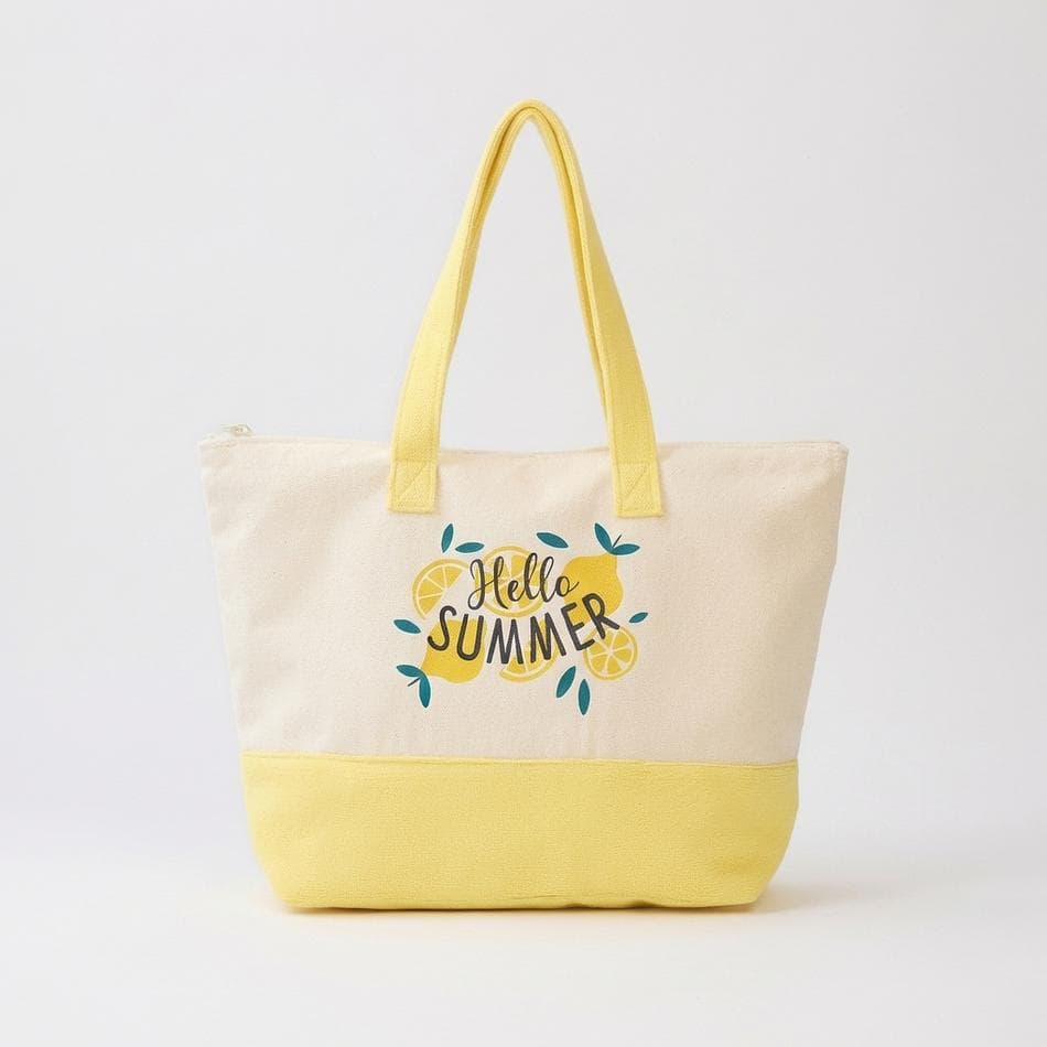 Terry Cloth Beach Tote Bag, Lemon Print, Soft Structured Carryall, 22 x 16 x 6 in, Yellow