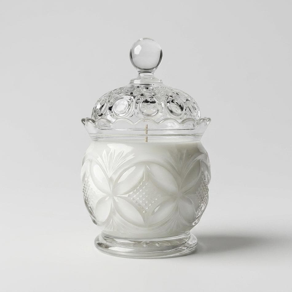 Vintage Pressed Glass Sugar Jar Candle, Soy Wax, Lavender & Driftwood Scent, 6.2 oz, Reusable Lidded Jar