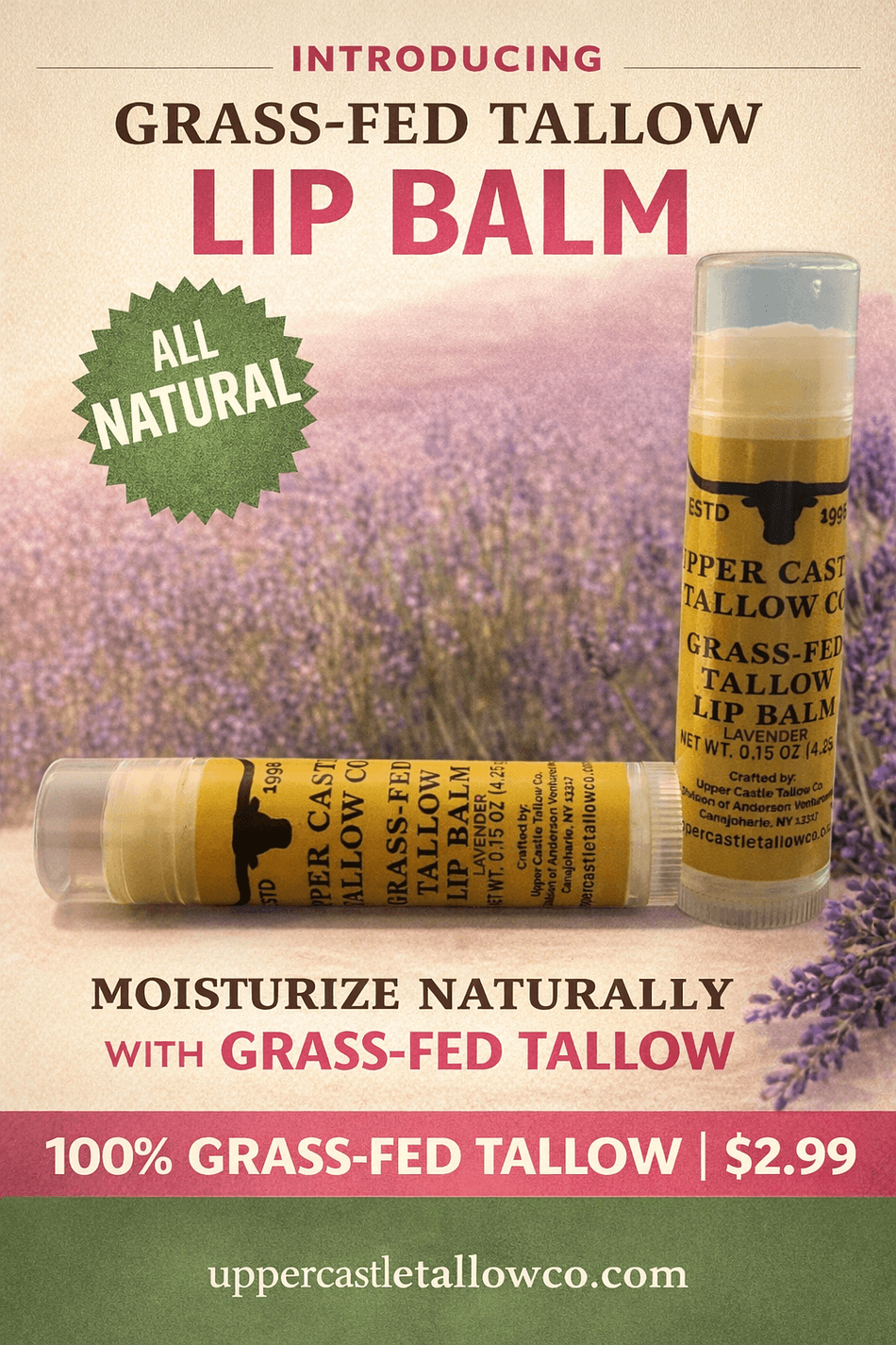 Tallow Lip Balm Stick, Grass-Fed Beef Tallow & Beeswax, Lavender, Deep Hydration for Chapped Lips, 3-Pack