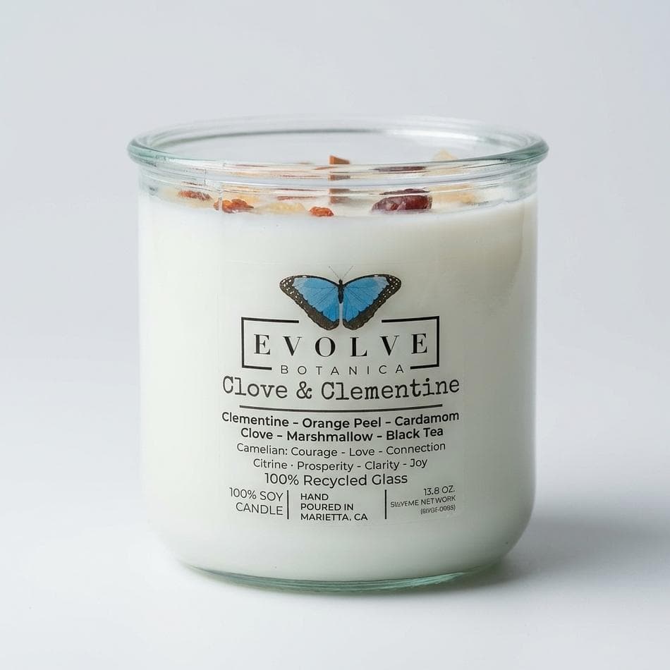 Soy Candle, Clove & Clementine Citrus Spice, Crackling Wood Wick, Recycled Glass, Gemstones, 1 Candle