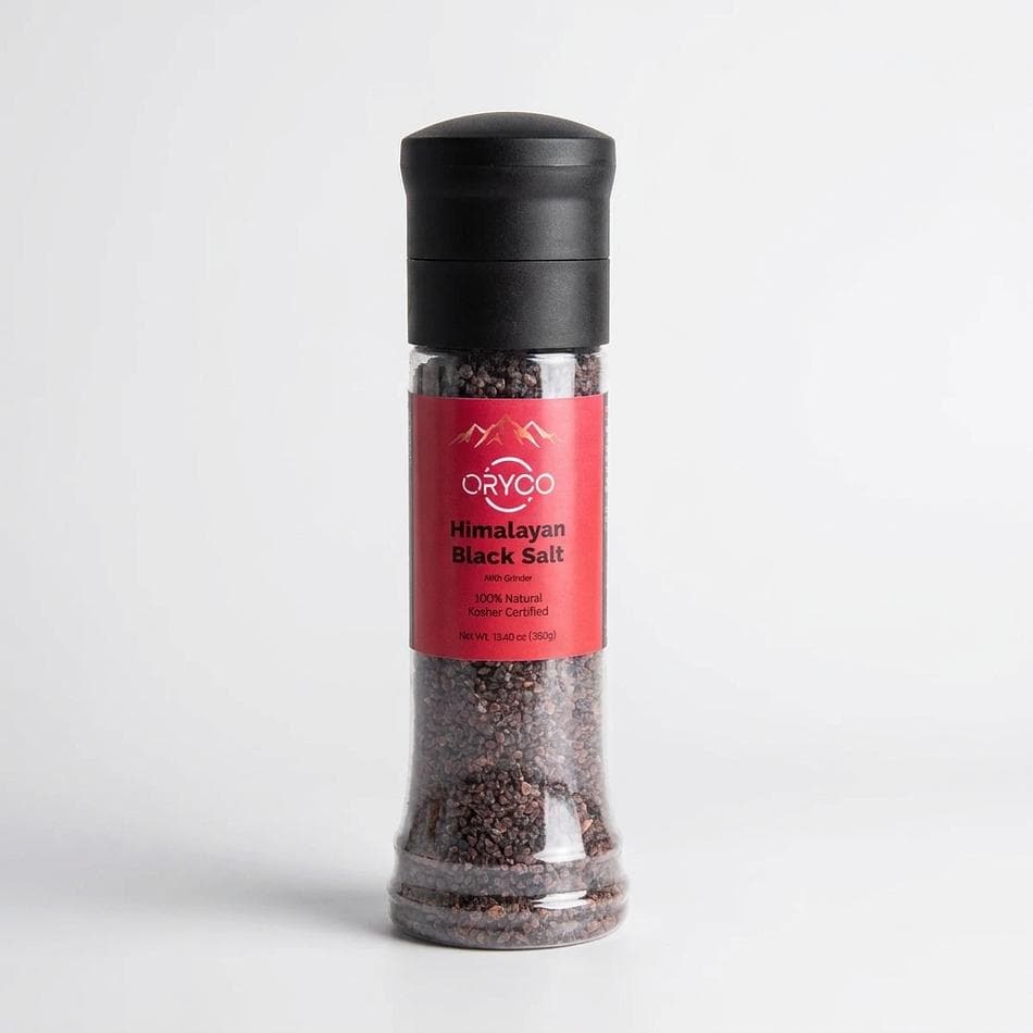 Kala Namak Black Salt Grinder, Himalayan Black Salt, Eggy Vegan Flavor, Coarse Crystals, Refillable Adjustable Grinder, 13.4 oz