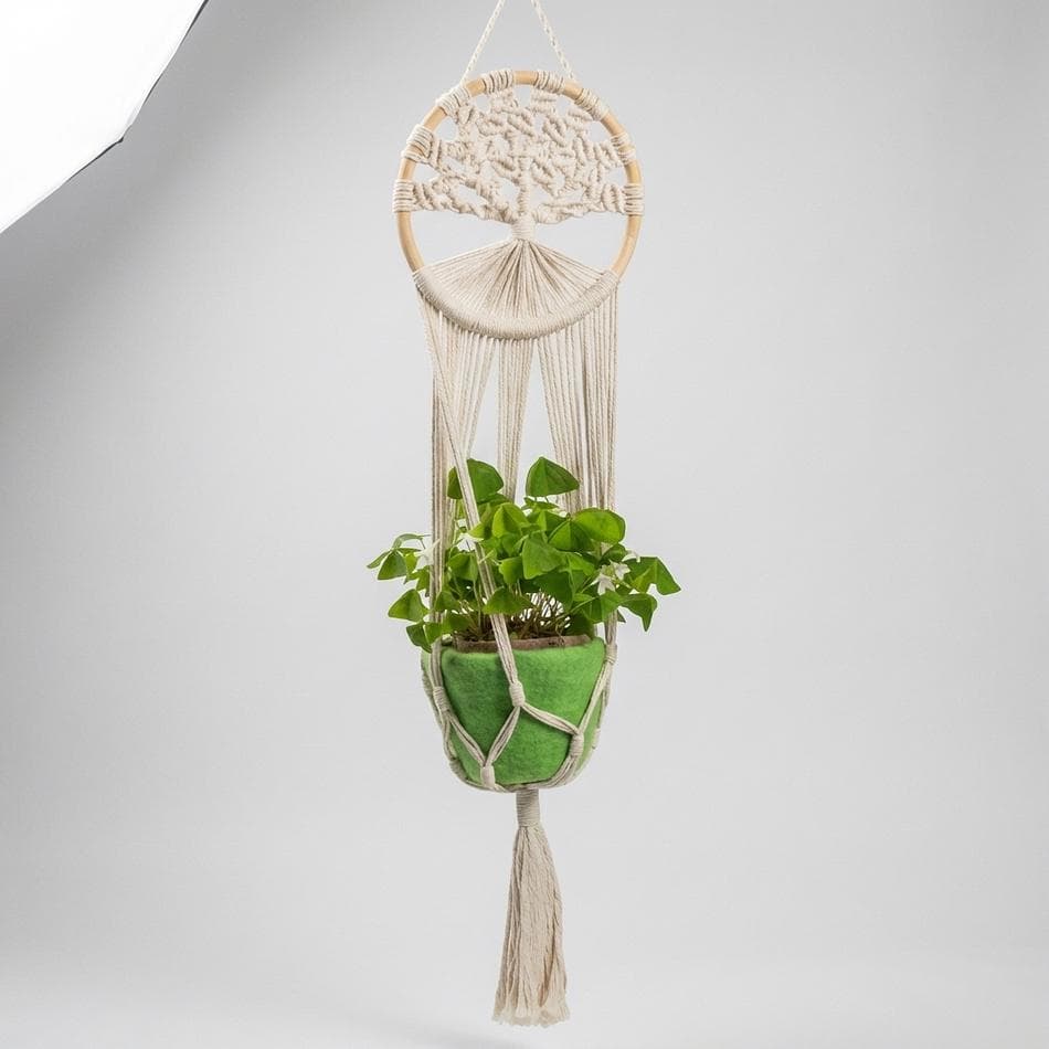 Macrame Plant Hanger, Natural Cotton Tree of Life, Boho Hanging Planter Holder, Handmade Fair Trade, 35in x 9in