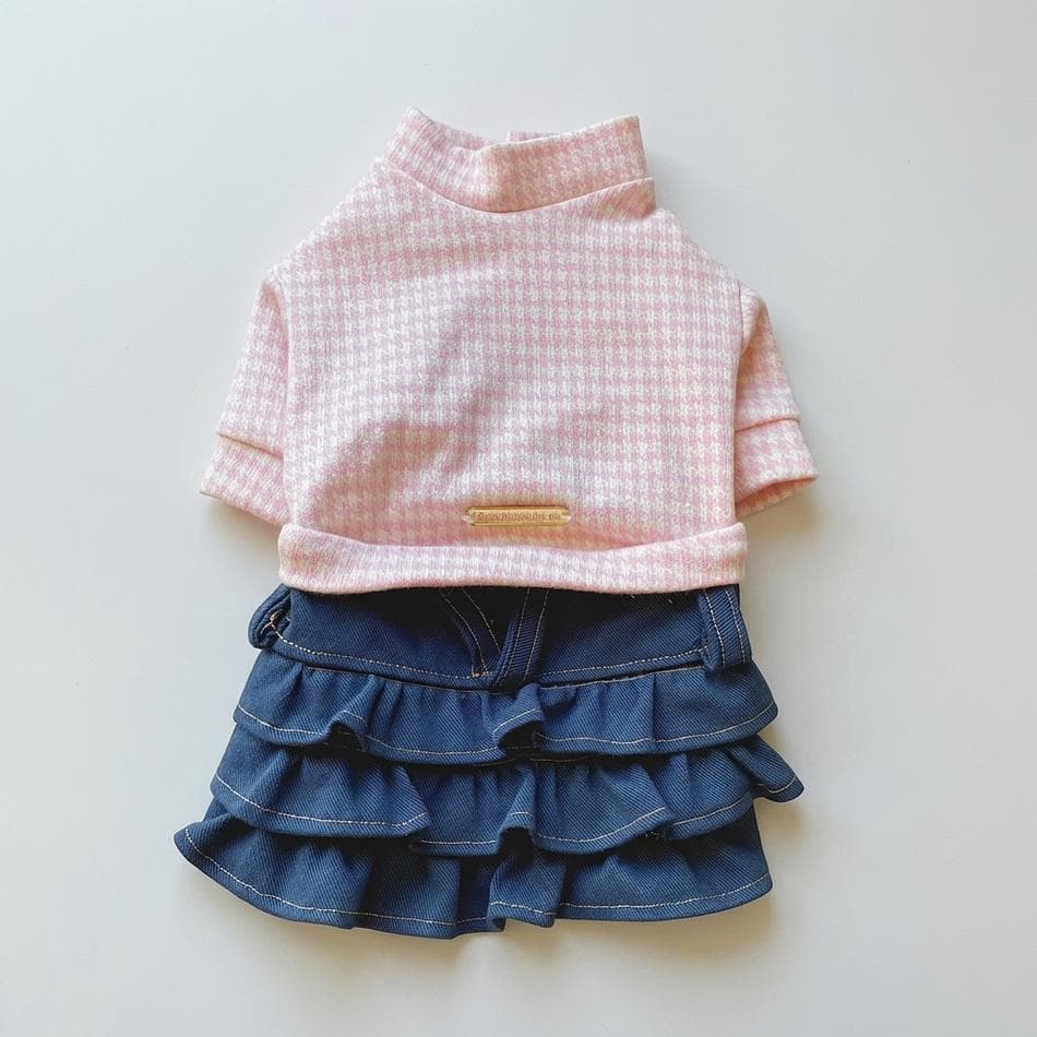 Dog Sweater Dress Set, Houndstooth Knit & Denim Skirt, Warm Stretch Cotton Blend, Fall/Winter Outfit, XS–XXL