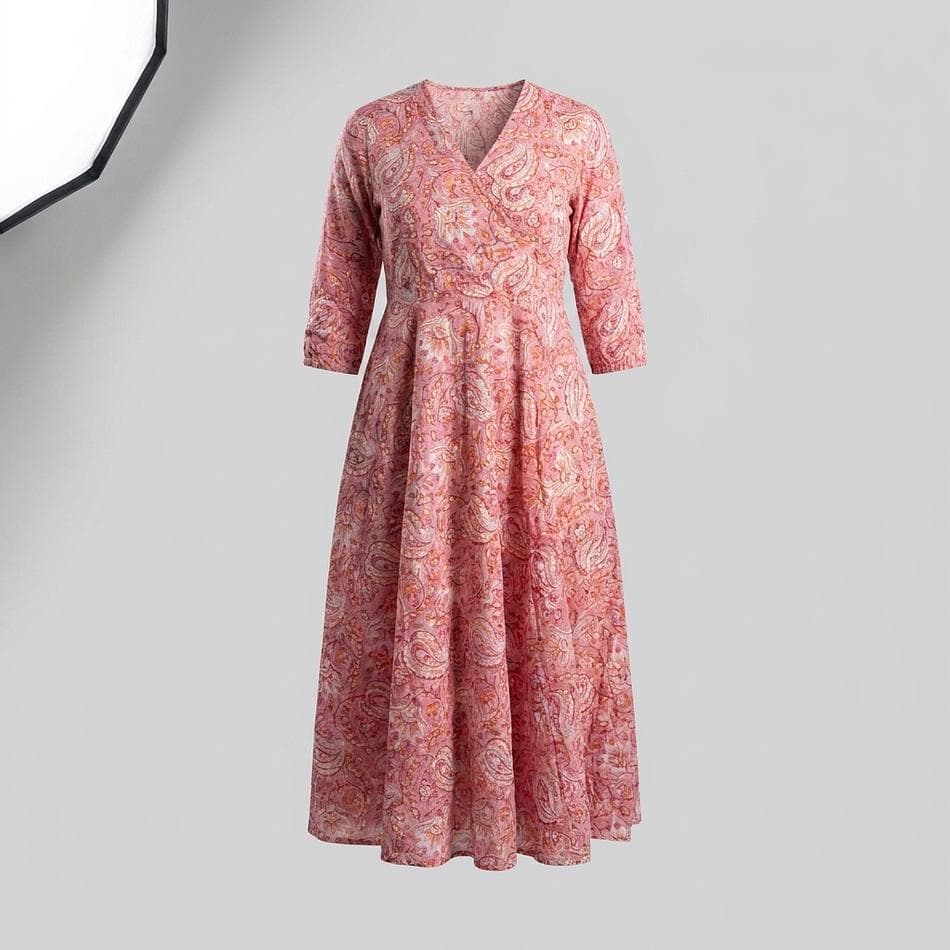 Hand Block Printed Cotton Maxi Dress, Pink Paisley Floral, V-Neck, Gathered Waist, 3/4 Sleeves, Sakura Print
