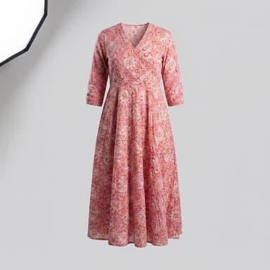 Hand Block Printed Cotton Maxi Dress, Pink Paisley Floral, V-Neck, Gathered Waist, 3/4 Sleeves, Sakura Print