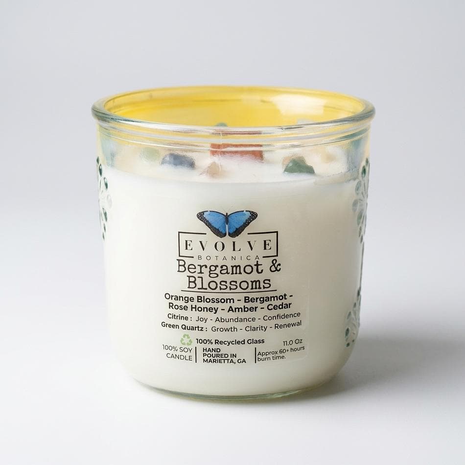 Soy Candle, Bergamot & Lemongrass, Citrus-Florals for Uplifting Mood, Wood Wick, Citrine + Green Quartz, Recycled Glass