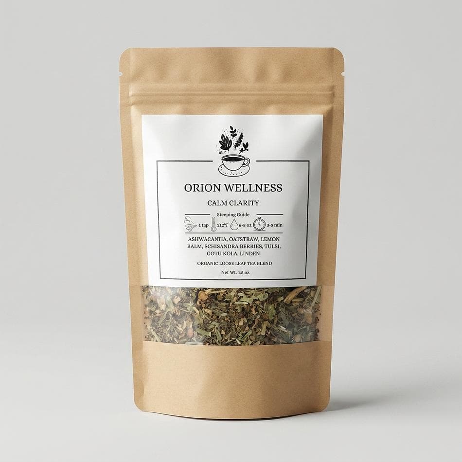 Calming Nervous System Herbal Tea, Ashwagandha + Tulsi + Lemon Balm, Stress Support, Caffeine-Free Loose Leaf, 1.5 oz