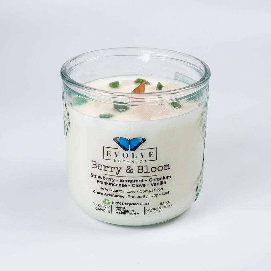 Soy Candle, Strawberry Bergamot & Vanilla, Wood Wick, Crystal-Infused (Green Aventurine + Rose Quartz), Recycled Glass Jar