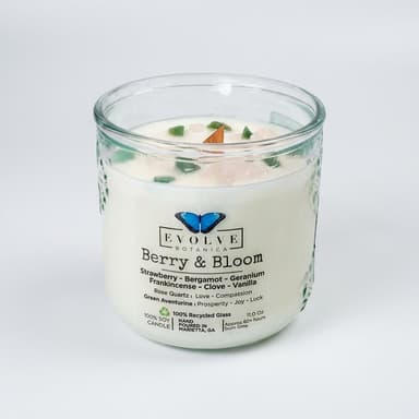 Soy Candle, Strawberry Bergamot & Vanilla, Wood Wick, Crystal-Infused (Green Aventurine + Rose Quartz), Recycled Glass Jar