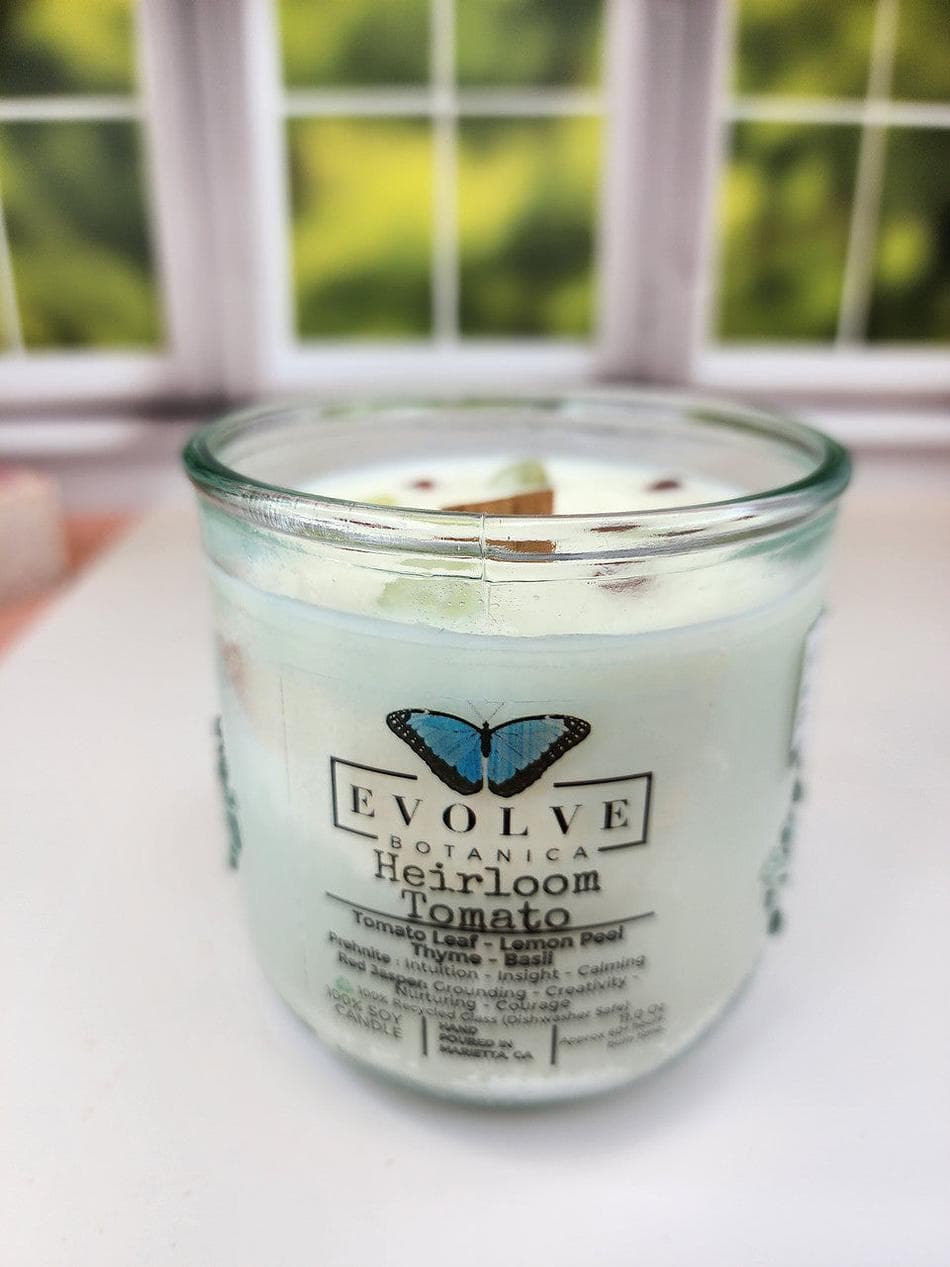Heirloom Tomato Soy Candle, Tomato Leaf & Basil, Crackling Wood Wick, Prehnite + Red Jasper, Recycled Glass Tumbler