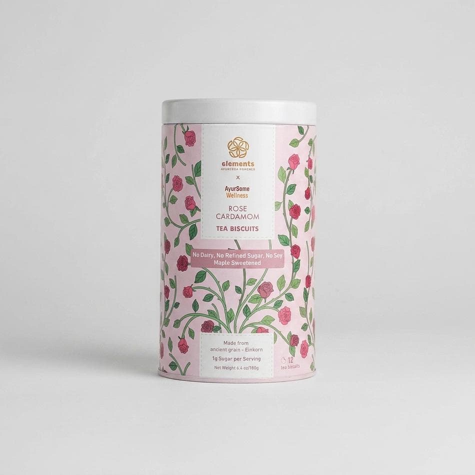Einkorn Tea Biscuits, Rose & Cardamom, Chocolate Drizzle, Vegan No Refined Sugar Cookies, Reusable Tin